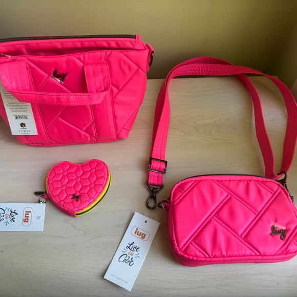 New Lug Pink Crossbody w/ Tote Handles, & Double Zipper Crossbody & Heart Pouch - Picture 4 of 16